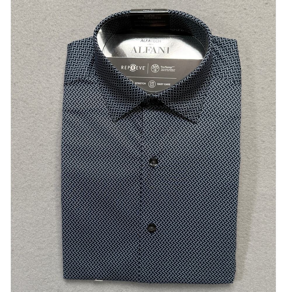 Alfani Men's Slim-Fit Temp Reg Geo-Print Dress Shirt Navy 14-14.5 32-33 $65